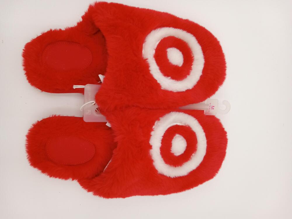 Target Slippers Womens Red Bullseye Fuzzy Faux Fur Mule House Shoes Size 7-8
